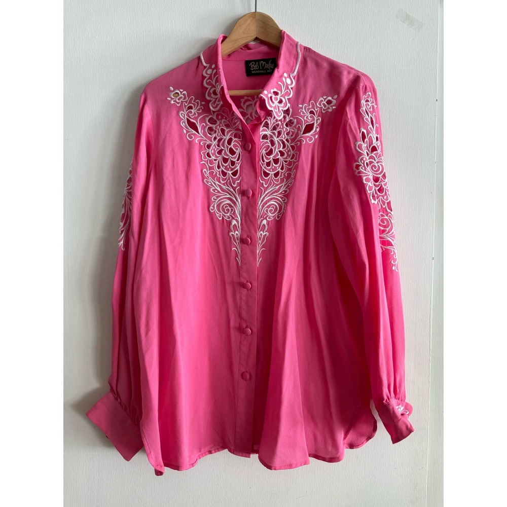 Bob Mackie Wearable Art VINTAGE 90s button down bubblegum 100% silk embroidery L